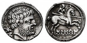Bolskan. Denarius. 180-20 BC. Huesca. (Abh-1911). (Acip-1417). Anv.: Bearded head right, iberian letters BON behind. Rev.: Horseman right, holding spe...