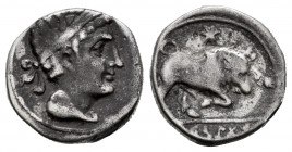 Arse-Saguntum. Drachm. 300-200 BC. Sagunto (Valencia). (Abh-2034). Anv.: Laureate head of Hercules right, club behind. Rev.: Bull charging right, star...