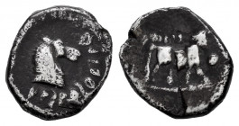 Arse-Saguntum. Hemidrachm. 300-200 BC. Sagunto (Valencia). (Abh-2041). (Acip-1940). Anv.: Horse’s head right, legend ARSGIASCUEGIAR before. Rev.: Andr...