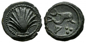 Arse-Saguntum. Quadrans. 170-20 BC. Sagunto (Valencia). (Abh-2054). (Acip-1974). Anv.: Seashell. Rev.: Dolphin right, crescent above, iberian letter A...