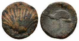 Saiti. Cuadrante. 170-20 BC. Xátiva (Valencia). (Abh-2068). (Acip-2037). Anv.: Seashell. Rev.: Dolphin left, thee pellets below, iberian letters M abo...