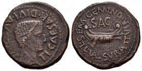 Arse-Saguntum. Time of Tiberius. Unit. 14-36 AD. Sagunto (Valencia). (Abh-2091). (Acip-3237). Anv.: TI. CAESAR. DIVI. AV(G. F. AVG). around head of Ti...