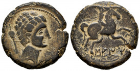 Saiti-Saetabi. Unit. 120-20 BC. Xátiva (Valencia). (Abh-2097). (Acip-2045). Anv.: Male head right, scepter behind. Rev.: Horseman right, holding palm,...