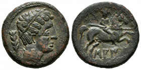 Saiti. Unit. 120-20 BC. Xátiva (Valencia). (Abh-2100). (Acip-2031). Anv.: Diademed male head right, ear of corn behind. Rev.: Horseman right, holding ...
