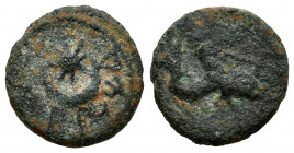 Saiti-Saetabi. Quadrans. 120-20 BC. Xátiva (Valencia). (Abh-2106). (Acip-2043). Anv.: Crescent and star, iberian legend SAITI below. Rev.: Cupid on do...