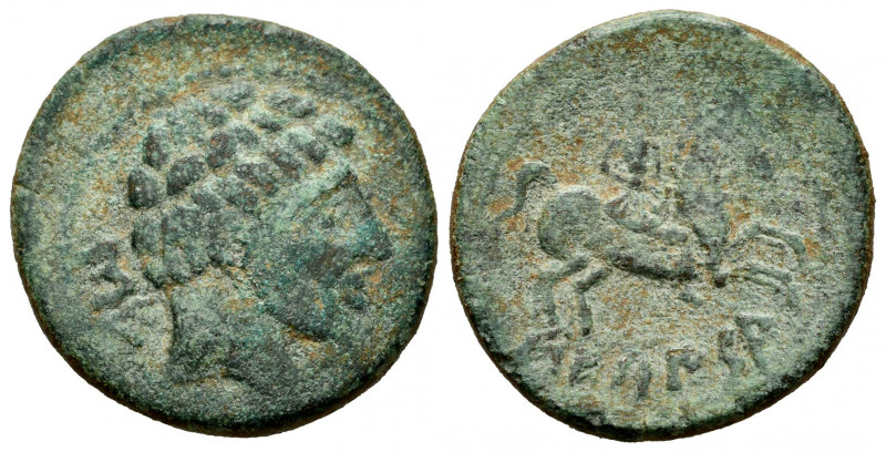 Sekaisa. Unit. 120-20 BC. Area of Aragon. (Abh-2138). Anv.: Male head right, ibe...