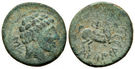 Sekaisa. Unit. 120-20 BC. Area of Aragon. (Abh-2138). Anv.: Male head right, iberian letters SE behind and dolphin before. Rev.: Horseman right, holdi...