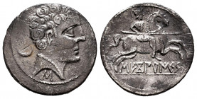 Sekobirikes. Denarius. 120-30 BC. Saelices (Cuenca). (Abh-2168). Anv.: Male head right, crescent behind and iberian letter S below. Rev.: Horseman rig...