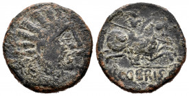 Segobriga. Unit. 30-20 BC. Saelices (Cuenca). (Abh-2181). Anv.: Male head right, dolphin before, palm behind. Rev.: Hoseman right, holding spear, SECO...