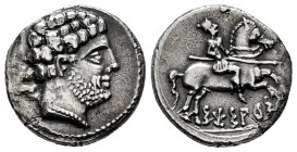 Sesars. Denarius. 120-20 BC. Area of Aragon. (Abh-2195). (Acip-1404). Anv.: Bearded head right, iberian letter BON behind. Rev.: Horseman right, holdi...