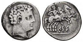 Kese. Denarius. 220-200 BC. Tarragona. (Abh-2266). (Acip-1122). Anv.: Male head right. Rev.: Horseman right, holding palm, leading a second horse, ibe...