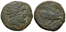 Kese. Unit. 220-200 BC. Tarragona. (Abh-2269). Anv.: Bearded head right. Rev.: Horseman right, holding palm, iberian legend KESE below. Ae. 18,32 g. R...
