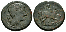 Kese. Unit. 220-200 BC. Tarragona. (Abh-2275). Anv.: Male head right, amphora behind. Rev.: Horseman right, holding palm, iberian legend KESE below. A...