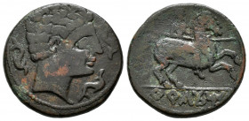 Terkakom. Unit. 120-20 BC. Tierga (Zaragoza). (Abh-2385). (Acip-1519). Anv.: Male head right, three dolphins around. Rev.: Horseman right, holding pal...