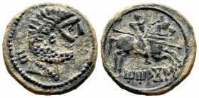 Titiakos. Unit. 120-20 BC. Tricio (La Rioja). (Abh-2394). Anv.: Bearded head right, iberian letter TI behind. Rev.: Horseman right, holding spear, cur...