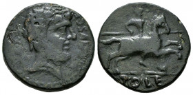 Tole. Unit. 50-20 BC. Toledo. (Abh-2408). Anv.: Male head right legend EX. S (retrograde). COLCAICIAS (retrograde S). C.F. (downward). Rev.: Horseman ...