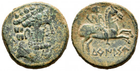 Turiasu. Unit. 120-20 BC. Tarazona (Zaragoza). (Abh-2425). Anv.: Bearded head, iberian letter KA behind, dolphin before. Rev.: Horseman right, holding...