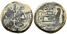 Anonymous. Unit. 169-158 a.C. Rome. SAX series. (Craw-180/1). Anv.: Laureate head of Janus, I above. Rev.: Prow right; SAX above, I before, ROMA below...