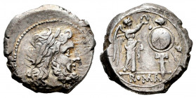 Anonymous. Victoriatus. 211 a.C. Rome. (Craw-53/1). (Rsc-9). Anv.: Laureate head of Jupiter right. Rev.: Victory standing right, crowning trophy; ROMA...