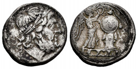 Anonymous. Victoriatus. 211 BC. Hispania. (Craw-96/1). (Sydenham-unlisted). (Rsc-8). Anv.: Laureate head of Jupiter right. Rev.: Victory standing righ...