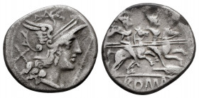 Anonymous. Denarius. 200-190 BC. Uncertain mint. (Ffc-25). (Craw-130/1a 1b). (Cal-17). Anv.: Head of Roma right, staff before, X behind. Rev.: The Dio...
