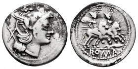 Anonymous. Denarius. 208-206 BC. Uncertain mint. (Ffc-33). (Craw-109/1). (Cal-13a). Anv.: Head of Roma right, X behind. Rev.: The Dioscuri riding righ...