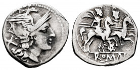 Anonymous. Denarius. 202-198 BC. (Ffc-48). (Craw-129/1). (Cal-10). Anv.: Head of Roma right, with curl on left shoulder; X behind. Art variety from th...
