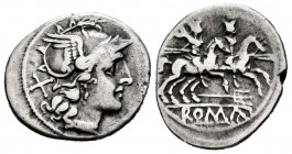 Anonymous. Denarius. 200-190 BC. Rome. (Ffc-63). (Craw-115/1). (Cal-40). Anv.: Head of Roma right, X behind. Rev.: The Dioscuri riding right, stars ab...