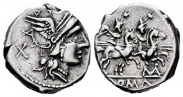 Anonymous. Denarius. 199-170 BC. Uncertain mint. (Ffc-73). (Craw-172/1). (Cal-49). Anv.: Head of Roma right, X behind. Rev.: The Dioscuri riding right...