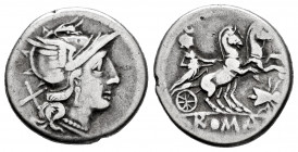 Anonymous. Denarius. 179-170 BC. Rome. (Ffc-80). (Craw-159/2). (Cal-55). Anv.: Head of Roma right, X behind. Rev.: Diana surmounted by crescent in big...