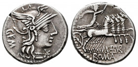Aburius. Denarius. 132 BC. Rome. (Ffc-88). (Craw-250/1). (Cal-60). Anv.: Head of Roma right, GEM behind, X below chin. Rev.: Sol holding whip in quadr...