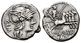 Aburius. Denarius. 134 BC. Rome. (Ffc-89). (Craw-244/1). (Cal-61). Anv.: Head of Roma right, GEM behind. H below chin. Rev.: Mars with arch and lance,...