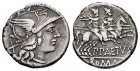 Aelius. P. Aelius Paetus. Denarius. 138 BC. Auxiliary mint of Rome. (Ffc-99). (Craw-233/1). (Cal-70). Anv.: Head of Roma right, X behind. Rev.: The Di...