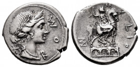 Aemilius. Man. Aemilius Lepidus. Denarius. 114-113 BC. South of Italy. (Ffc-103). (Craw-291/1). (Cal-73). Anv.: Laureate and diademed head of Roma sli...