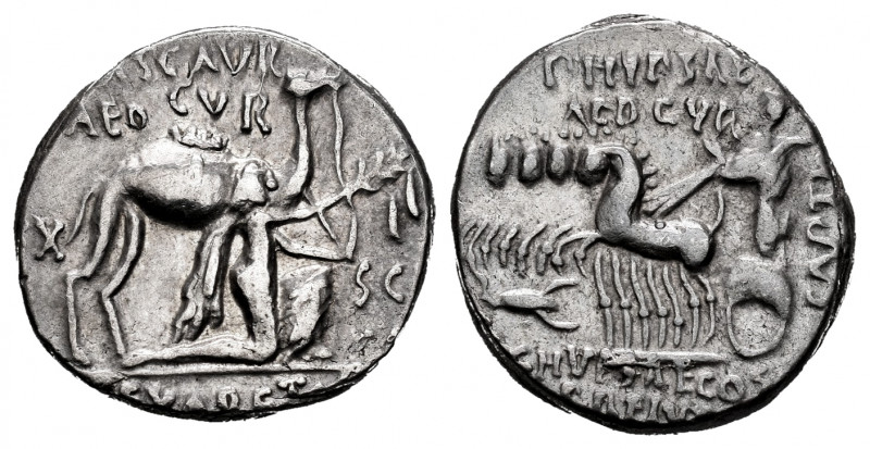 Aemilius. M Aemilius Scaurus y Pub. Plautius Hypsaeus. Denarius. 58 BC. Rome. (F...