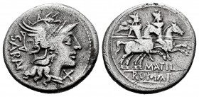Atilius. M. Atilius Saranus. Denarius. 148 BC. Rome. (Ffc-175). (Craw-214/1a). (Cal-245). Anv.: Head of Roma right, X., below chin, SARAN., (AN interl...