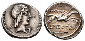 Calpurnius. L. Calpurnius Piso Frugi. Denarius. 90-89 BC. Rome. (Ffc-297). (Cal-311). Anv.: Laureate head of Apolo right, ox head below chin. Rev.: Ho...