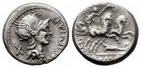 Cipius. M. Cipius M.F. Denarius. 115-114 BC. Uncertain mint. (Ffc-563). (Craw-289/1). (Cal-422). Anv.: Head of Roma right, M. CIPI M.F., before, X beh...