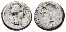 Cipius. M. Cipius M.F. Incuse denarius. 115-114 BC. Uncertain mint. (Ffc-563). (Craw-289/1). (Cal-422). Anv.: Head of Roma right, M. CIPI M.F., before...