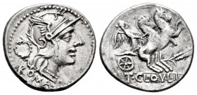 Cloulius. T. Cloelius. Denarius. 128 BC. Rome. (Ffc-572). (Craw-260/1). (Cal-435). Anv.: Head of Roma right, wreath behind, ROMA below. Rev.: Victory ...