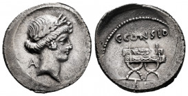 Considius. C. Considius Paetus. Denarius. 46 BC. Rome. (Ffc-594). (Craw-465/2a). (Cal-460). Anv.: Laureate head of Apollo right, A behind, border of d...