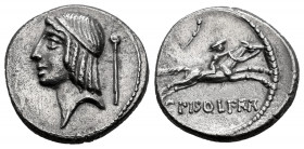 Calpurnius. C. Calpurnius Piso Frugi. Denarius. 64 BC. Rome. (Ffc-509). (Cal-357i). Anv.: Diademed head of Apollo left, scepter behind head. Rev.: Hor...