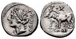 Cassius. L. Cassius Caecianus. Denarius. 102 BC. Rome. (Ffc-555). (Craw-no cita). (Cal-409). Anv.: Bust of Ceres left, C/EICIAN., (AN interlace), and ...