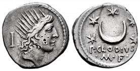 Claudia. P. Claudius M.f. Turrinus. Denarius. 42 BC. Rome. (Ffc-568). (Craw-494/21). (Cal-427). Anv.: Radiate head of Sol right, quiver behind. Rev.: ...