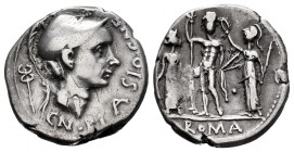 Cornelius. Cnaeus Cornelius Blasio. Denarius. 112-111 BC. South of Italy. (Ffc-610). (Craw-296/1i). (Cal-471). Anv.: Helmeted head right, (Scipio Afri...