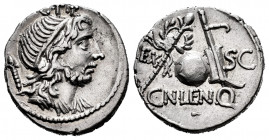Cornelius. Cn Cornelius Lentulus Marcellinus. Denarius. 76-75 BC. Hispania. (Ffc-626). (Craw-393/1a). (Cal-486). Anv.: G. P. R. above diademed bust of...