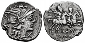 Cupiennius. L. Cupiennius. Denarius. 147 BC. Rome. (Ffc-665). (Craw-218/1). (Cal-530). Anv.: Head of Roma right, X below chin, cornucopiac behind. Rev...