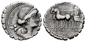 Egnatius. Cn. Egnatius Cn. f. Cn. n. Maxsumus. Denarius. 75 BC. Auxiliary mint of Rome. (Ffc-686). (Craw-391/1a). (Cal-561). Anv.: Diademed bust of Ve...
