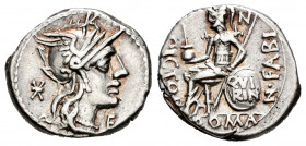 Fabius. Numerius Fabius Pictor. Denarius. 126 BC. Rome. (Ffc-695). (Craw-268/1b). (Cal-569). Anv.: Head of Roma right, X behind, letter F below chin. ...