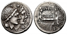 Fonteius. Mn. Fonteius. Denarius. 114-113 BC. South of Italy. (Ffc-714). (Craw-307/1b). (Cal-586). Anv.: Conjoined laureate heads of the Dioscuri righ...